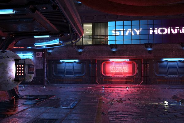 Neon urban future. Cyberpunk city. Photorealistic 3d illustratio